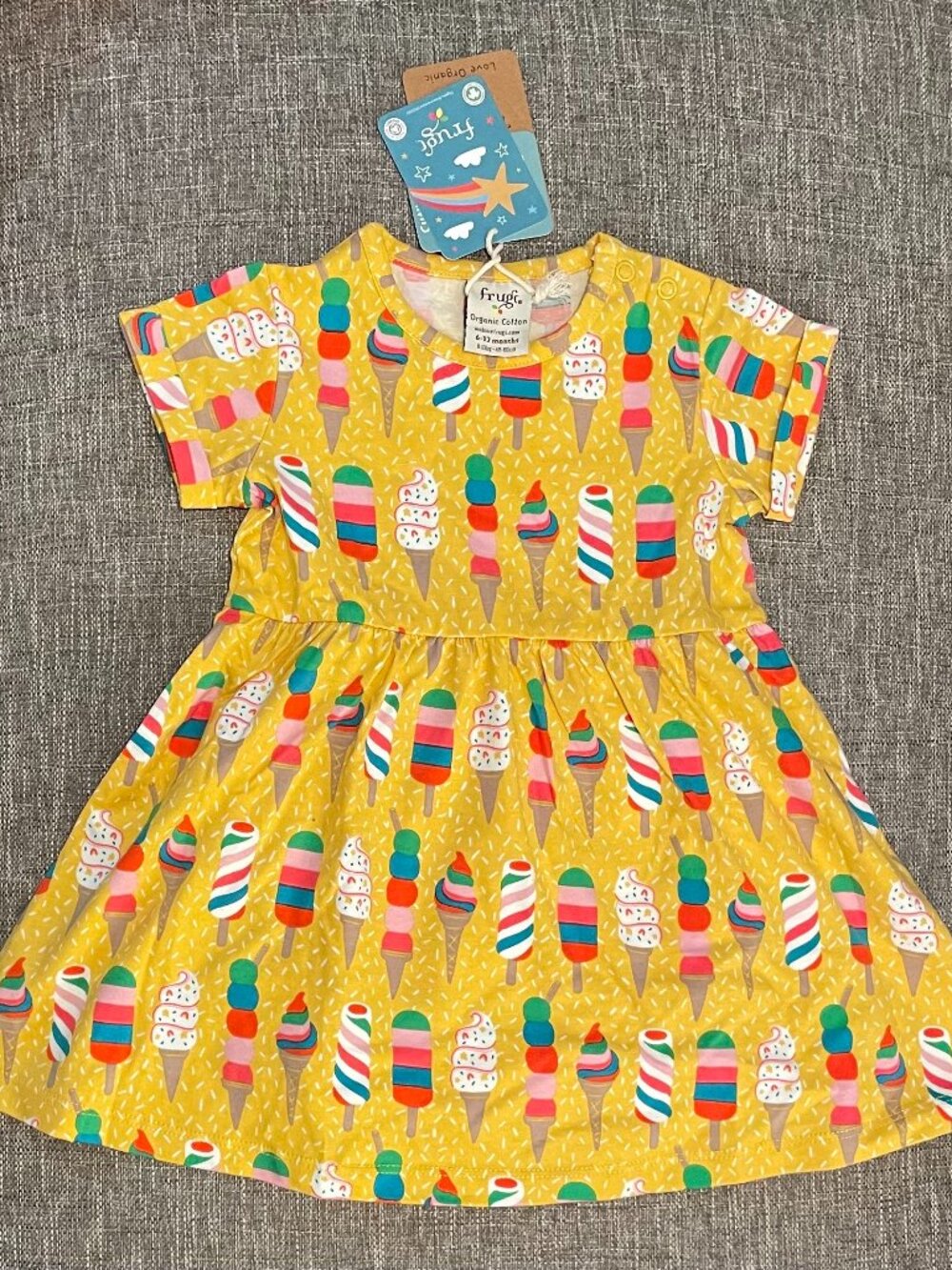 NWT Frugi Dara Baby Bodysuit Dress - "Rainbow Sprinkles" Ice Cream print - 6-12M